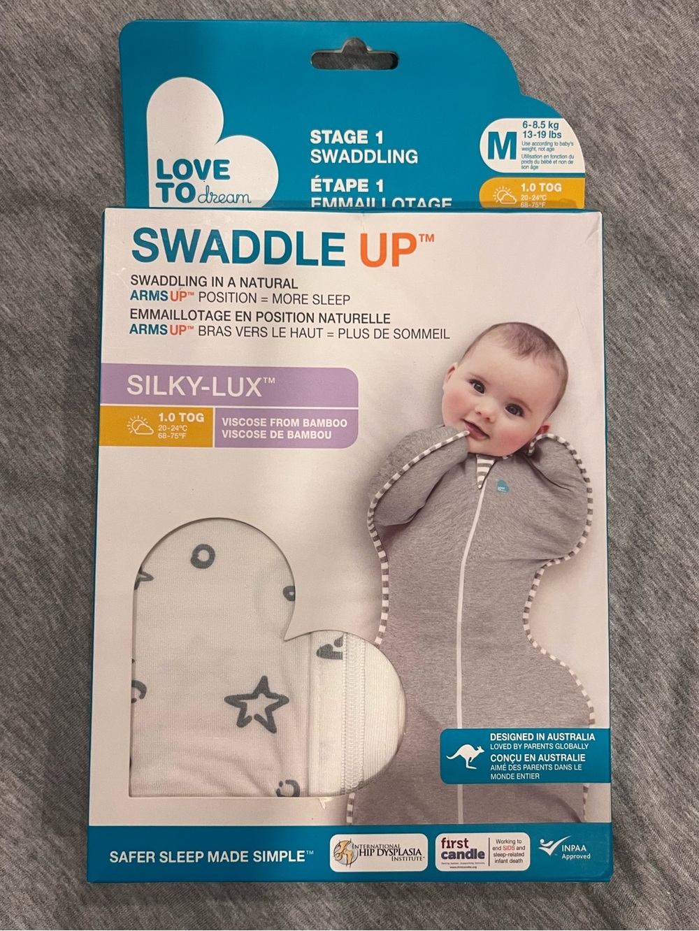 Love to dream Silky-Lux Swaddle Up One-Piece - Grey with White Trim